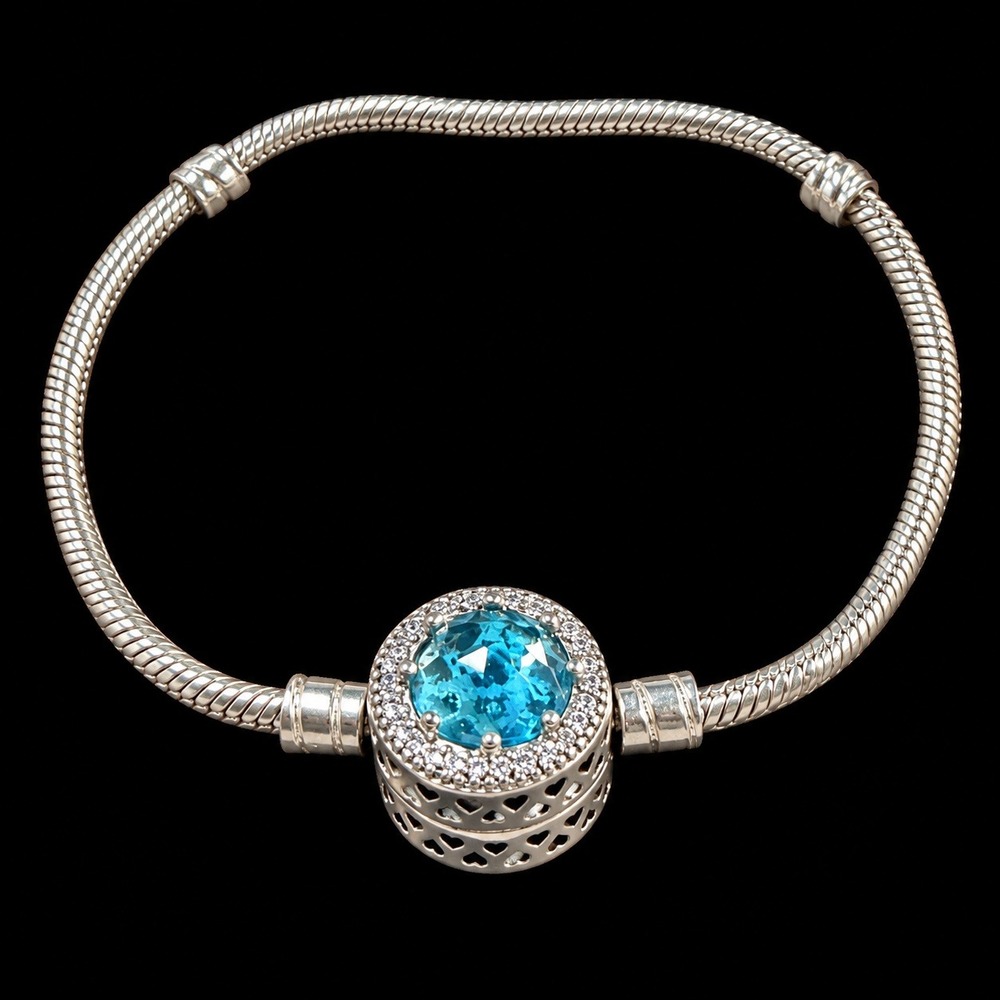 Blue Crystal Halo Snake Chain Bracelet Openwork Silver Womens 7.5 Mermaidcore